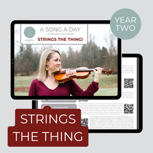 Load image into Gallery viewer, Cover and sample page of Strings the Thing a monthly listening calendar