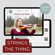 Load image into Gallery viewer, cover page and sample page of year two Strings the Thing monthly listening calendar
