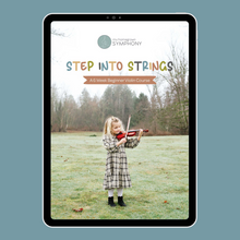 Load image into Gallery viewer, cover page of step into strings a 6 week beginner violin course displayed on an ipad with a teal background