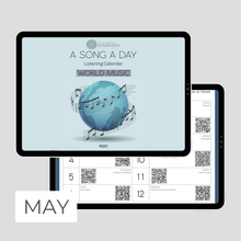 Load image into Gallery viewer, ipad screen displaying the May listening calendar from My Homegrown Symphony