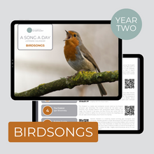Load image into Gallery viewer, Cover and sample page of Birdsongs a monthly listening calendar
