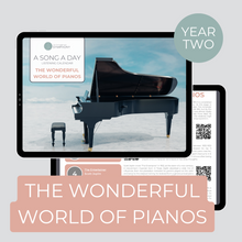 Load image into Gallery viewer, cover page and sample page of year two The Wonderful World of Pianos monthly listening calendar