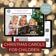 Load image into Gallery viewer, Cover and sample page of a Christmas Carols for Children monthly listening calendar