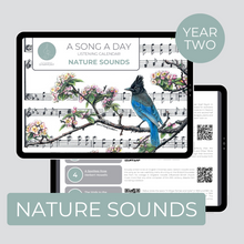 Load image into Gallery viewer, Cover and sample page of a Nature Sounds monthly listening calendar