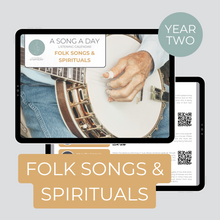 Load image into Gallery viewer, cover page and sample page of year two Folk Songs &amp; Spirituals monthly listening calendar
