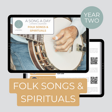 Load image into Gallery viewer, Cover and sample page of a Folk Songs & Spirituals monthly listening calendar