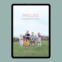 Load image into Gallery viewer, tablet screen displaying the cover of a digital children&#39;s music curriculum title PRELUDE
