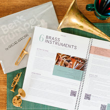 Load image into Gallery viewer, two page spread of a children's homeschool curriculum about music featuring a lesson on brass instruments