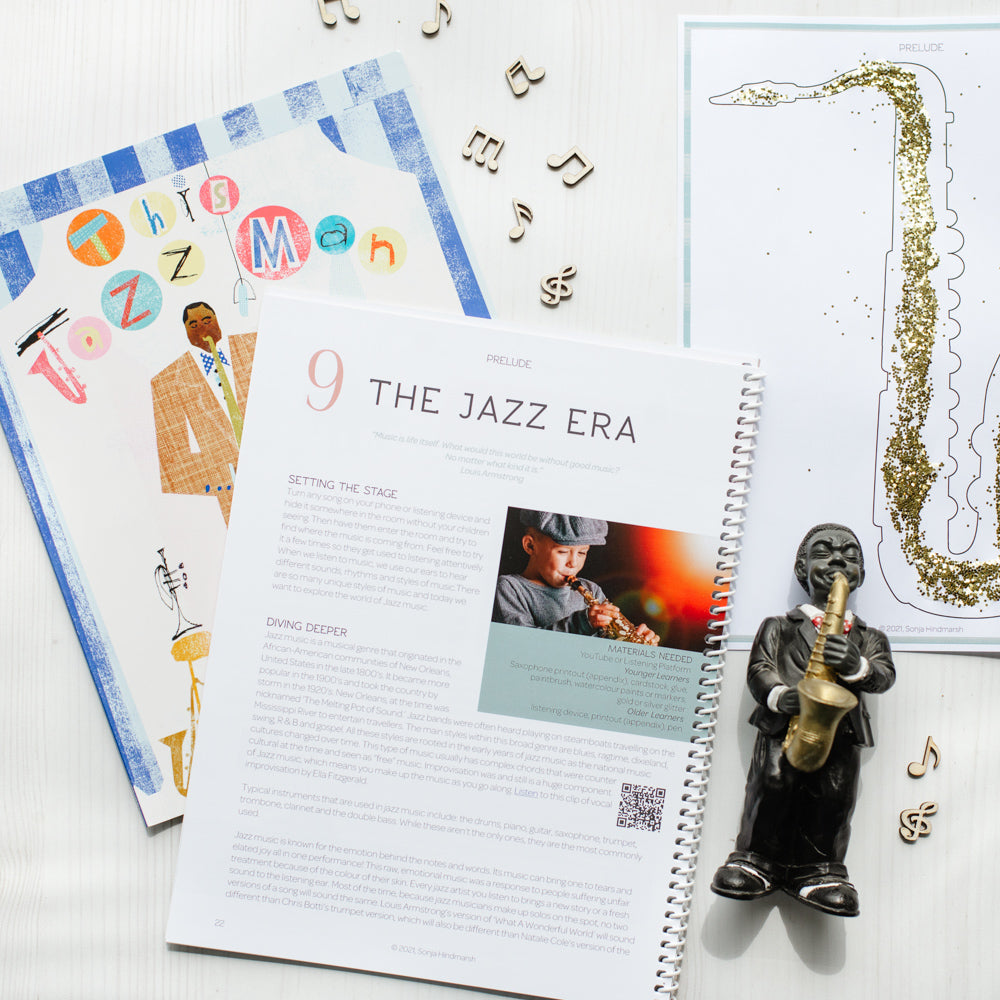 two page spread of a children's homeschool curriculum about music featuring a lesson on jazz era