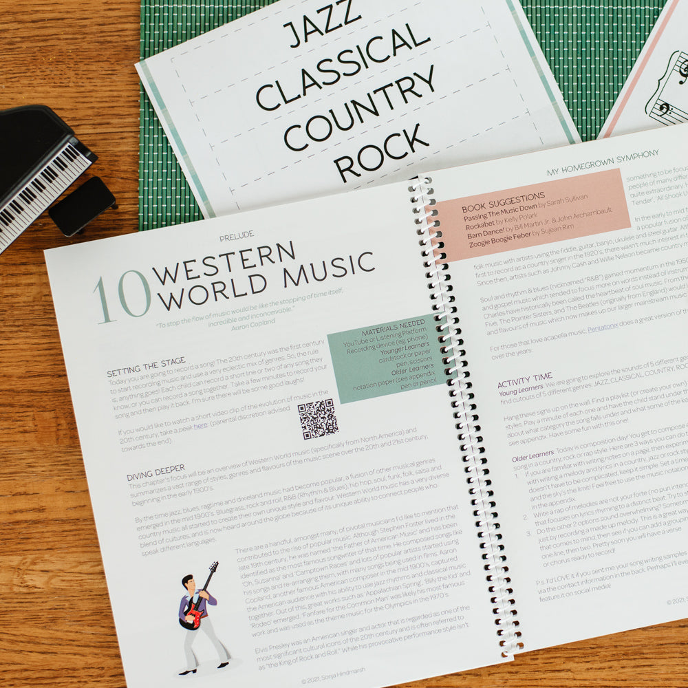 two page spread of a children's homeschool curriculum about music featuring a lesson on western world music