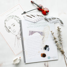 Load image into Gallery viewer, a spiral bound music curriculum featuring a cover with the title CONVERSATIONS WITH COMPOSERS