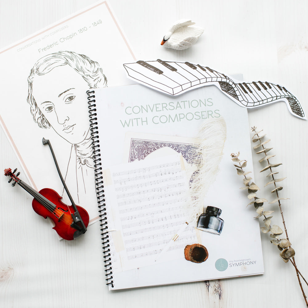 a spiral bound music curriculum featuring a cover with the title CONVERSATIONS WITH COMPOSERS