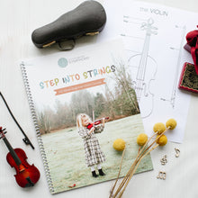 Load image into Gallery viewer, front cover of a spiral bound course workbook for step into strings a 6 week beginner violin course