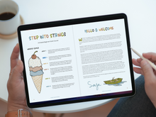 Load image into Gallery viewer, weekly goals and welcome pages from step into strings beginner violin course as shown on an ipad
