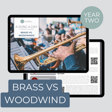 Load image into Gallery viewer, Cover and sample page of Brass Vs Woodwind a monthly listening calendar
