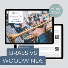 Load image into Gallery viewer, cover page and sample page of year two Brass Vs Woodwinds monthly listening calendar
