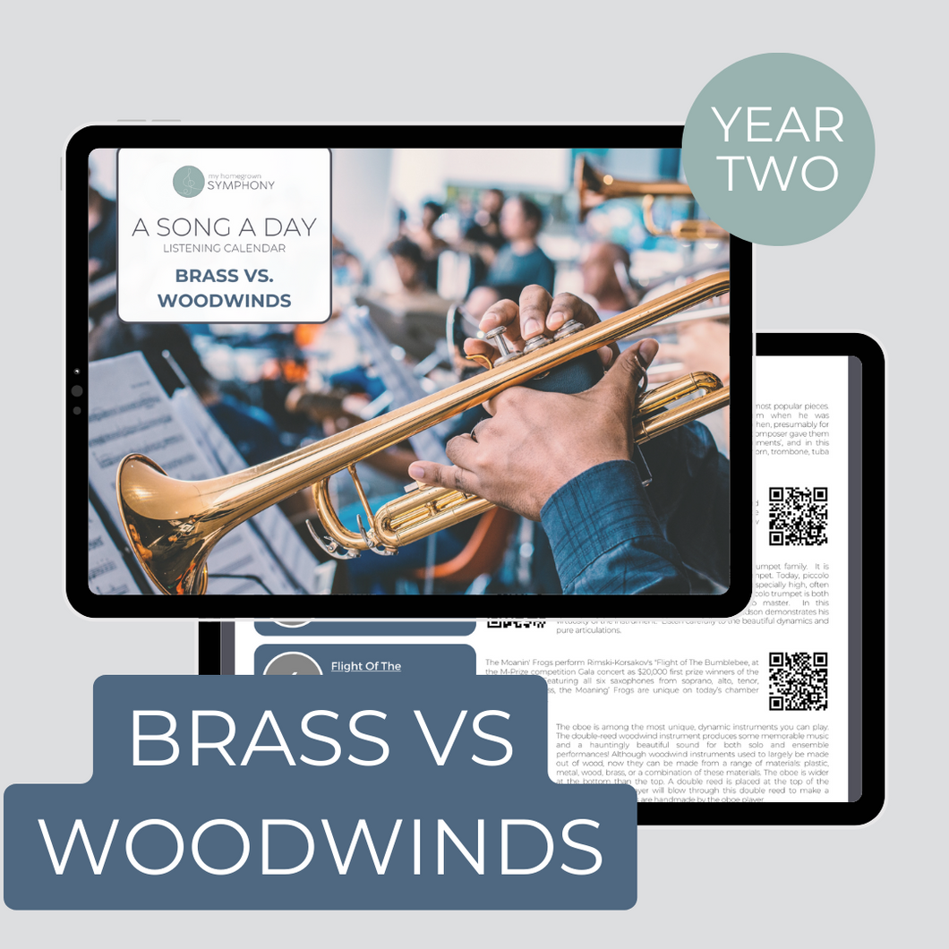 cover page and sample page of year two Brass Vs Woodwinds monthly listening calendar