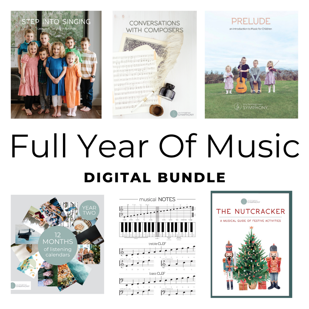My Homegrown Symphony Full Year of Music Digital Bundle features 1 year worth of music curriculum for kids ages 4-12
