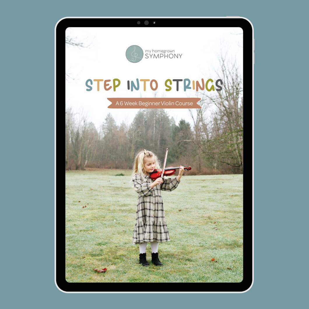 cover page of step into strings a 6 week beginner violin course displayed on an ipad with a teal background