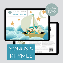 Load image into Gallery viewer, cover page and sample page of year two Songs &amp; Rhymes monthly listening calendar
