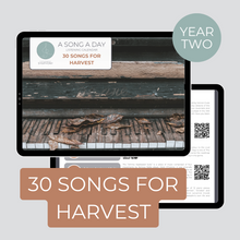 Load image into Gallery viewer, Cover and sample page of a 30 Songs for Harvest monthly listening calendar
