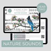 Load image into Gallery viewer, Cover and sample page of a Nature Sounds monthly listening calendar
