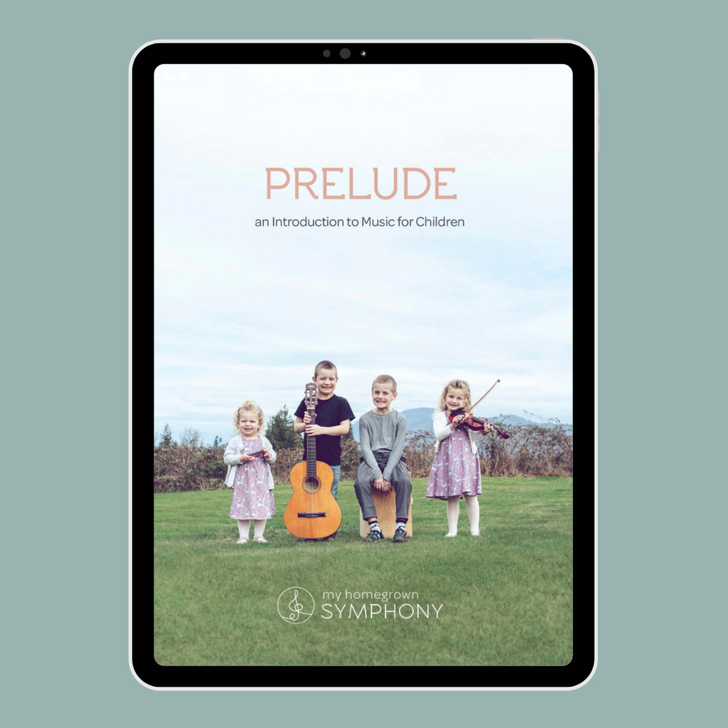 tablet screen displaying the cover of a digital children's music curriculum title PRELUDE