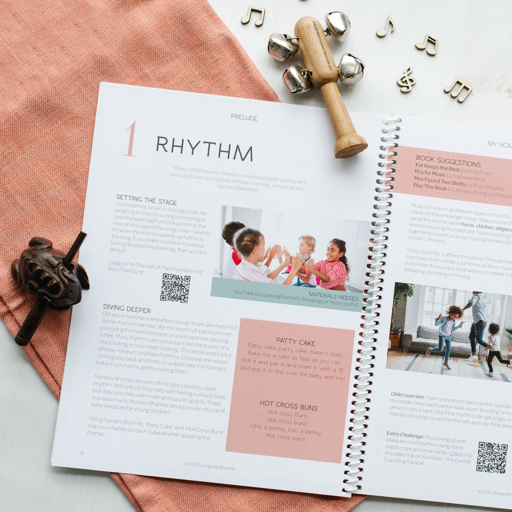 two page spread of a children's homeschool curriculum about music featuring a lesson on rhythm