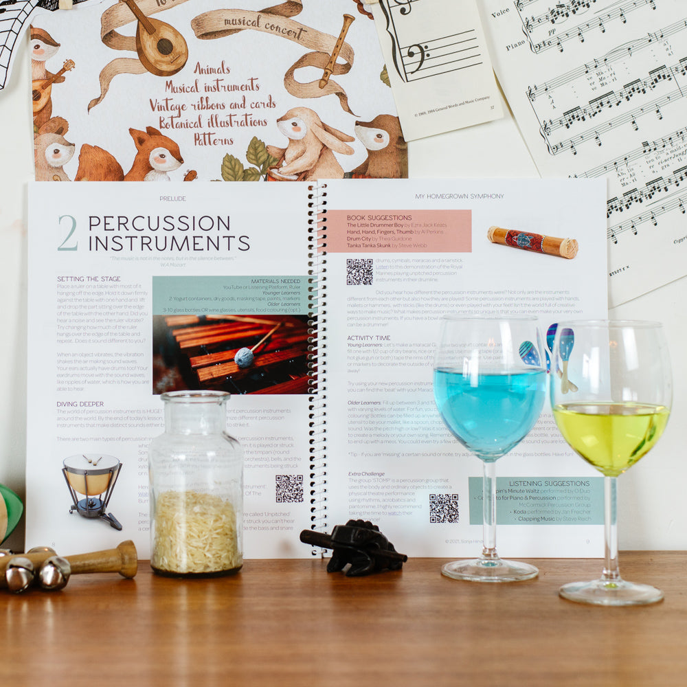 two page spread of a children's homeschool curriculum about music featuring a lesson on percussion