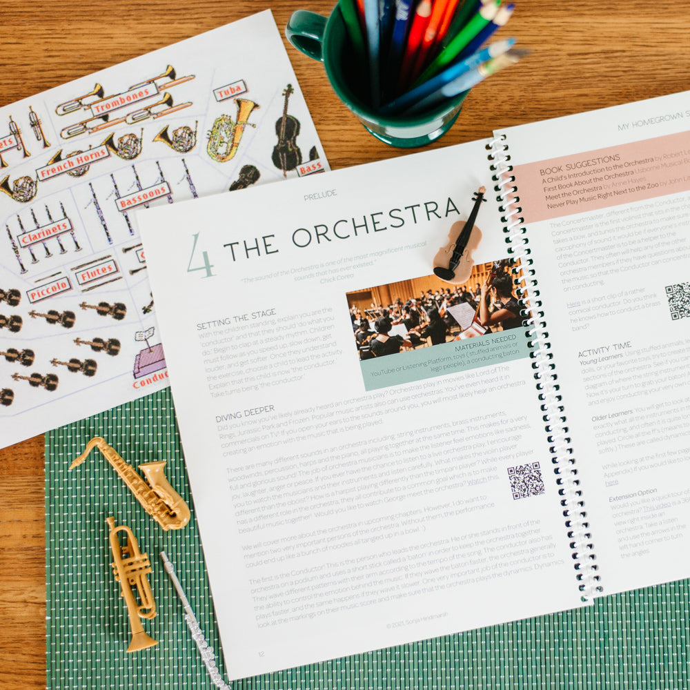 two page spread of a children's homeschool curriculum about music featuring a lesson on the orchestra