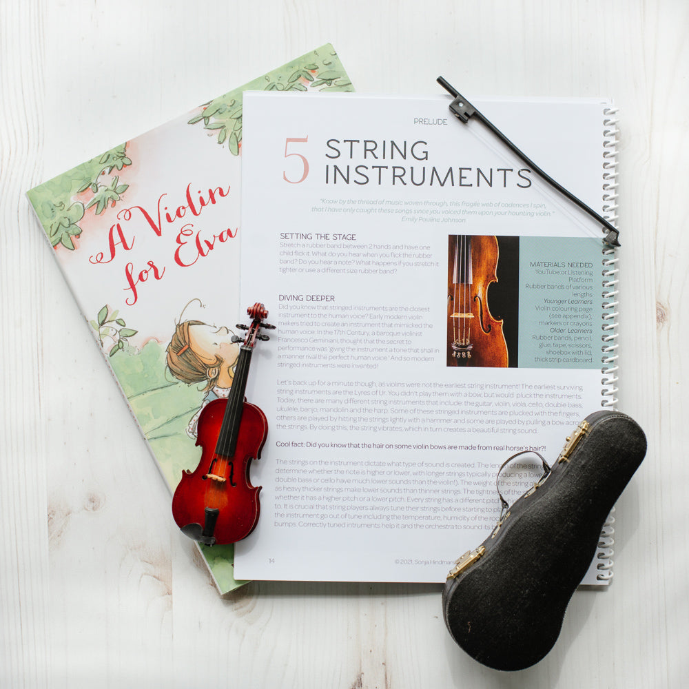 two page spread of a children's homeschool curriculum about music featuring a lesson on string instruments
