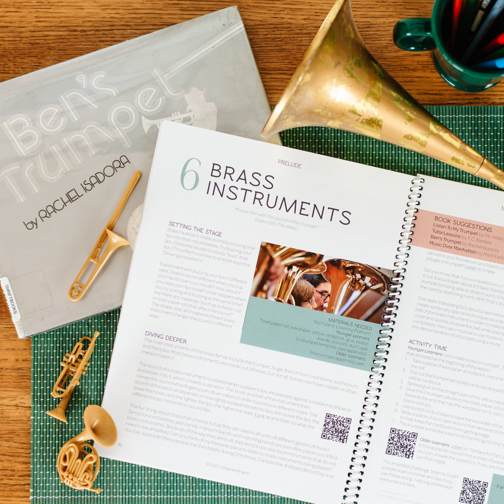 two page spread of a children's homeschool curriculum about music featuring a lesson on brass instruments