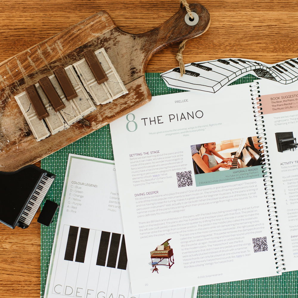 two page spread of a children's homeschool curriculum about music featuring a lesson on the piano