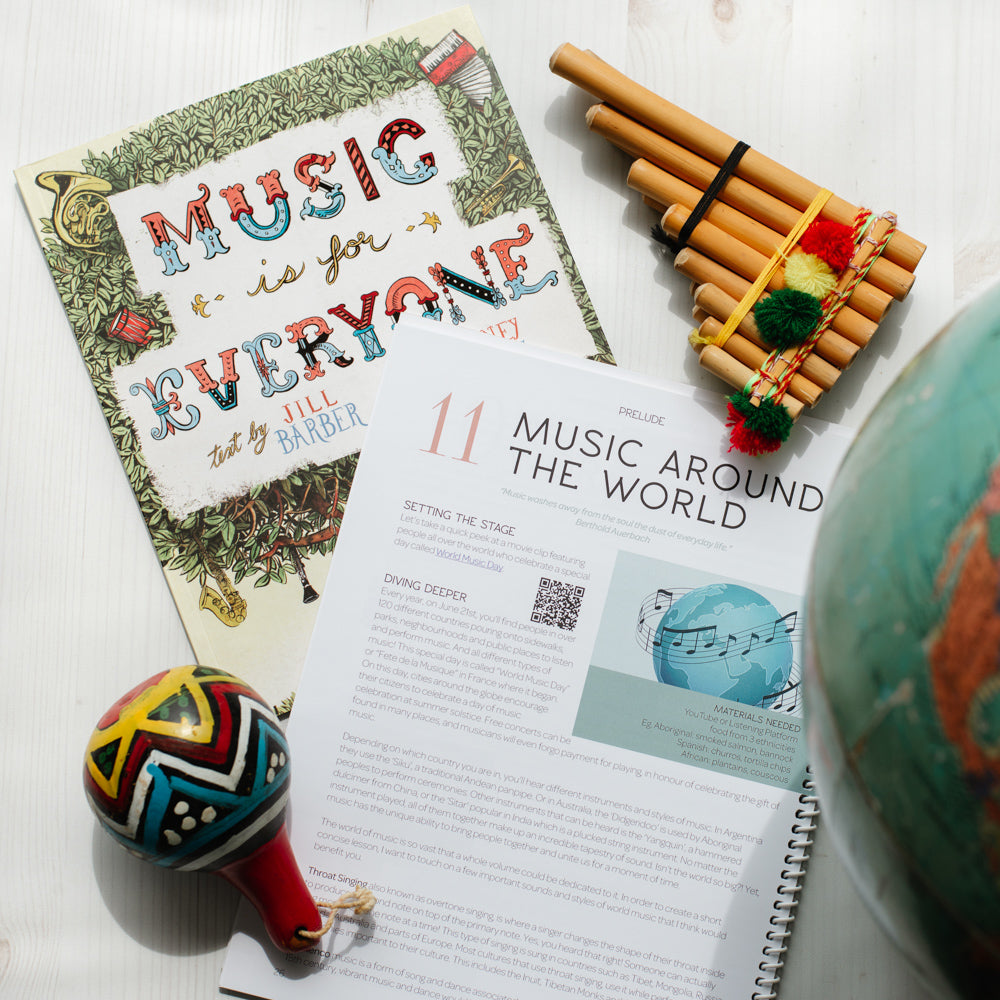 two page spread of a children's homeschool curriculum about music featuring a lesson on music around the world