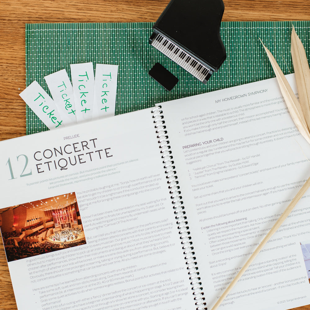 two page spread of a children's homeschool curriculum about music featuring a lesson on concert etiquette