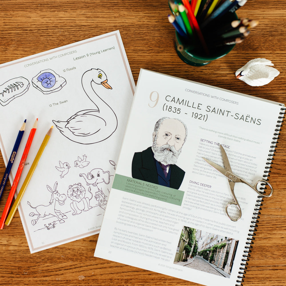 sample lesson page from a lesson about Camille Saint-Saens in music education curriculum titled 