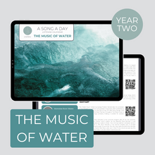 Load image into Gallery viewer, cover page and sample page of year two The Music of Water monthly listening calendar
