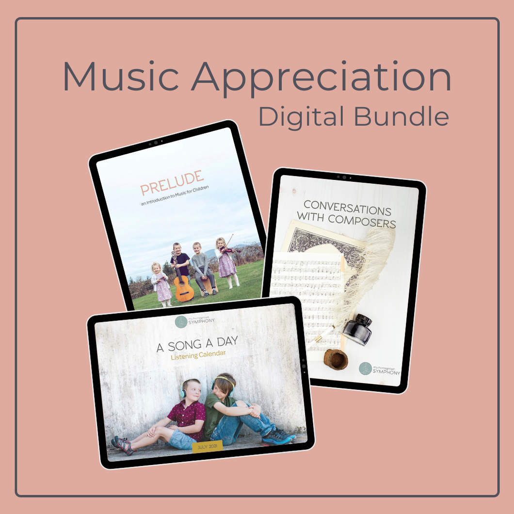 My Homegrown Symphony Music Appreciation Digital Bundle features 1-2 years worth of music curriculum for kids ages 4-12