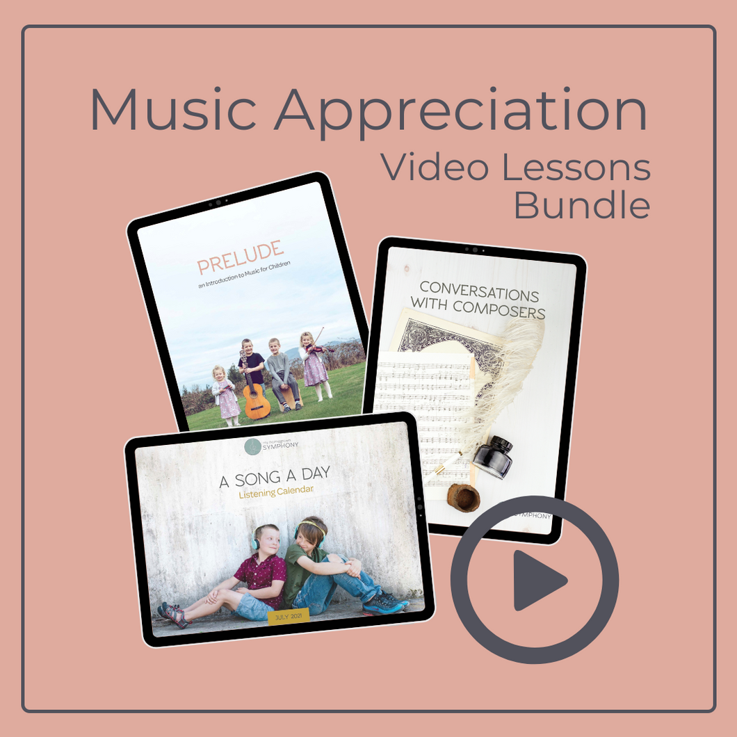My Homegrown Symphony Music Appreciation Video Lessons Bundle features 1-2 years worth of music curriculum for kids ages 4-12
